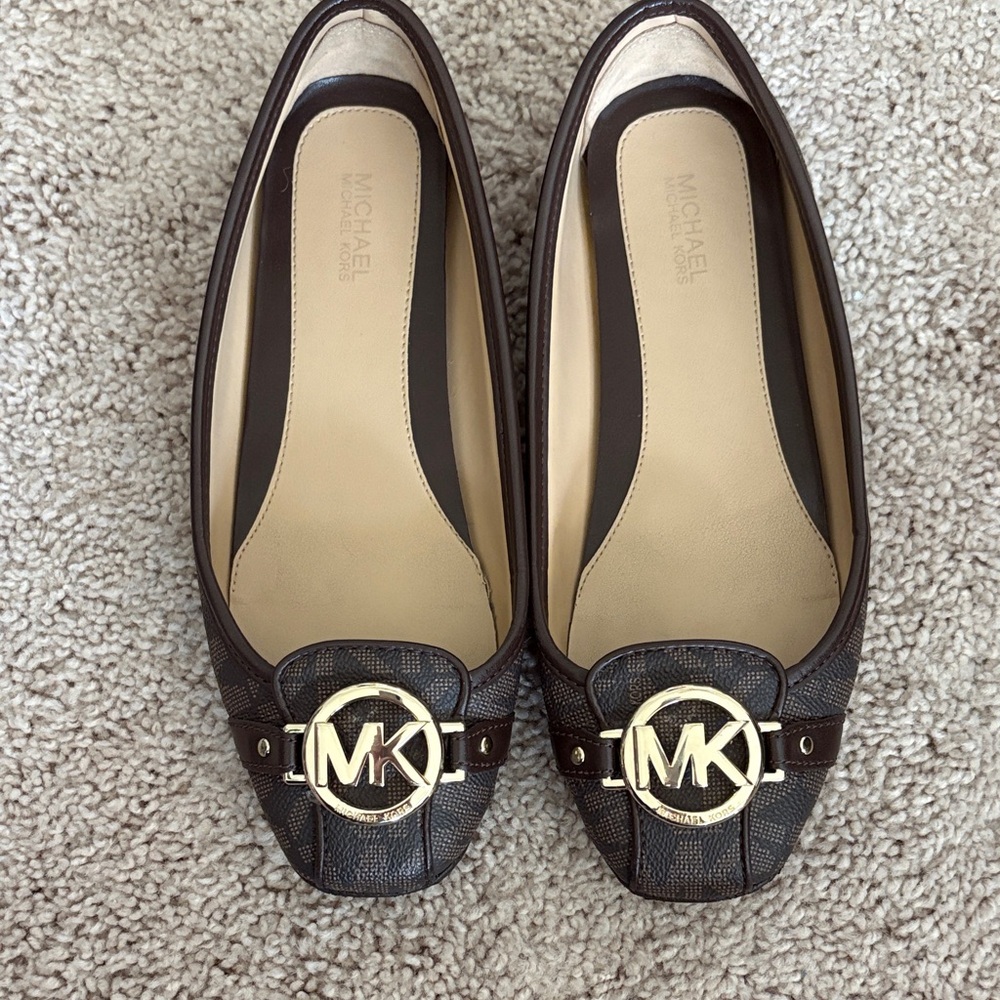 Michael Kors Brown Logo MK Ballet Flats with Gold Hardware